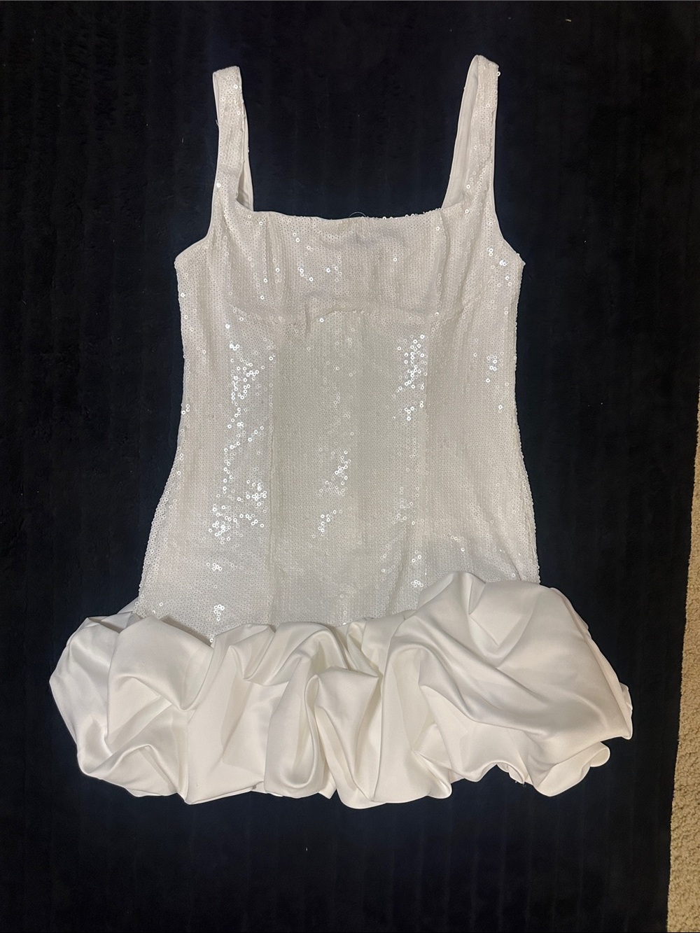 Fashion Nova White Sequin Ruffle Hem Midi Dress